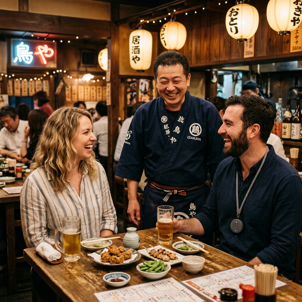 Couple dining abroad using the CrewTalk AI translator