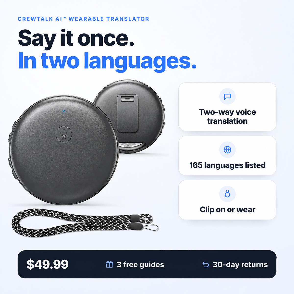 CrewTalk AI wearable translator, $49.99 with 3 free guides and 30-day returns