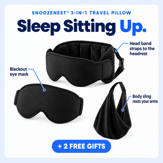 SnoozeNest 3-in-1 travel pillow: head band, blackout eye mask and body sling, plus 2 free gifts