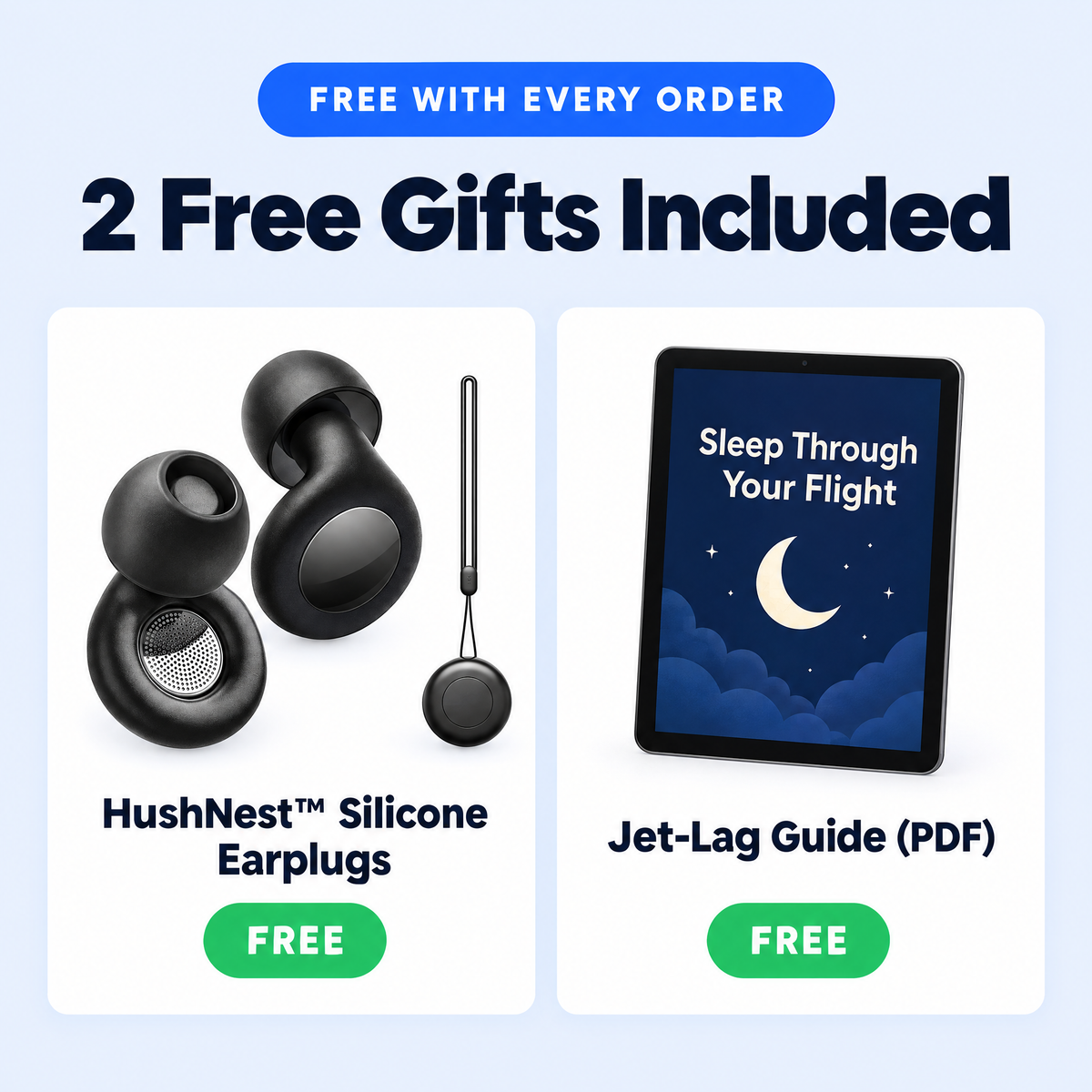 2 free gifts included: HushNest earplugs and jet-lag guide