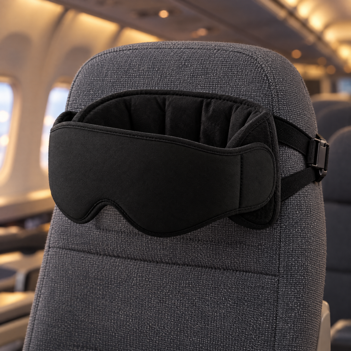 SnoozeNest head band fastened to an airplane seat headrest