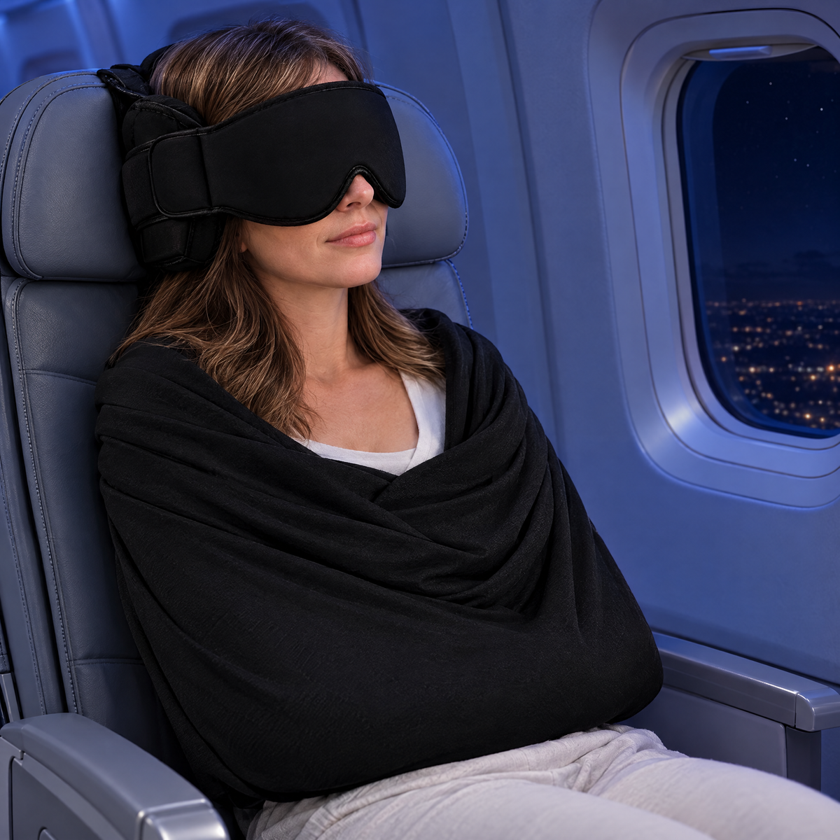 Woman asleep on a night flight wearing SnoozeNest