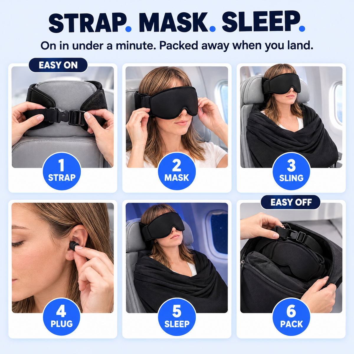 How to use SnoozeNest: strap, mask, sling, plug, sleep, pack