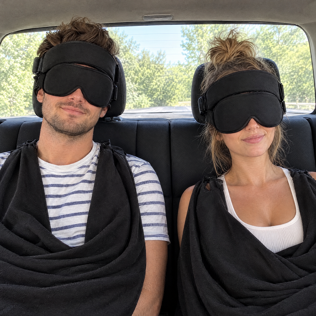 Couple asleep upright in a car back seat, both wearing SnoozeNest