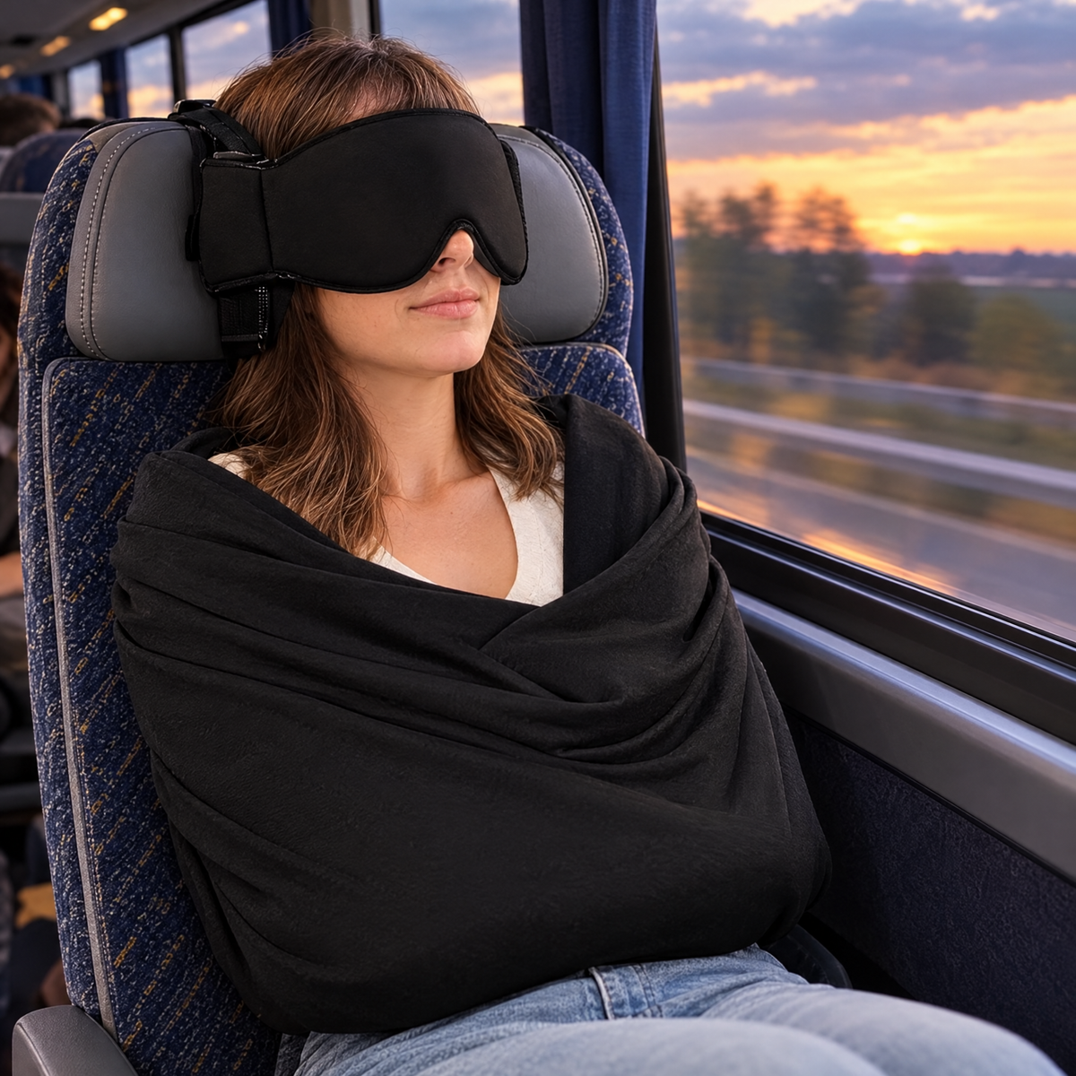 Woman napping on a coach bus wearing SnoozeNest