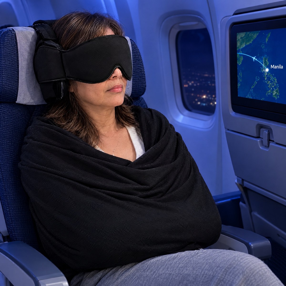 Traveler asleep upright on a long flight wearing SnoozeNest